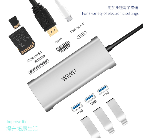 商品名稱：WiWU W-ALPHA-731HP七合一擴充HUB 灰